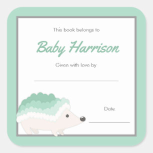 Mint Hedgehog Baby Shower Bookplate, neutral book Square Sticker