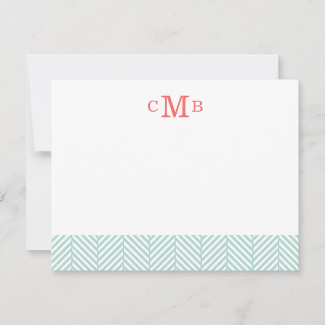 Mint Herringbone Custom Monogram Stationery Card (Front)