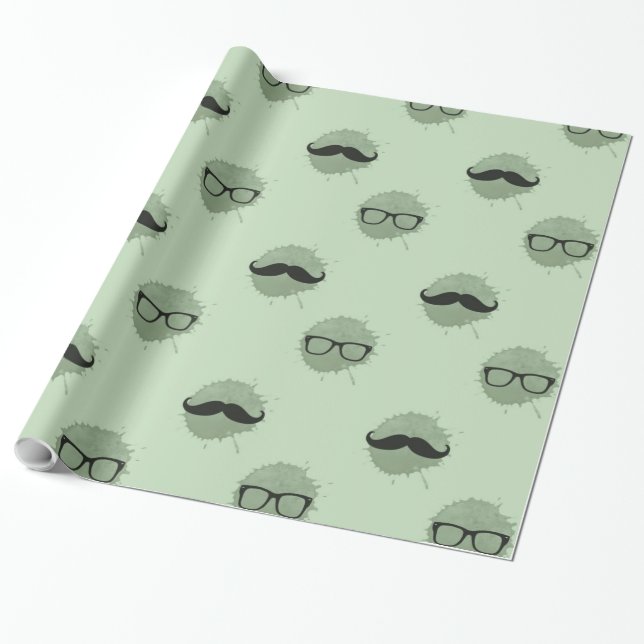 Mint Hipster Moustaches Wrapping Paper (Unrolled)