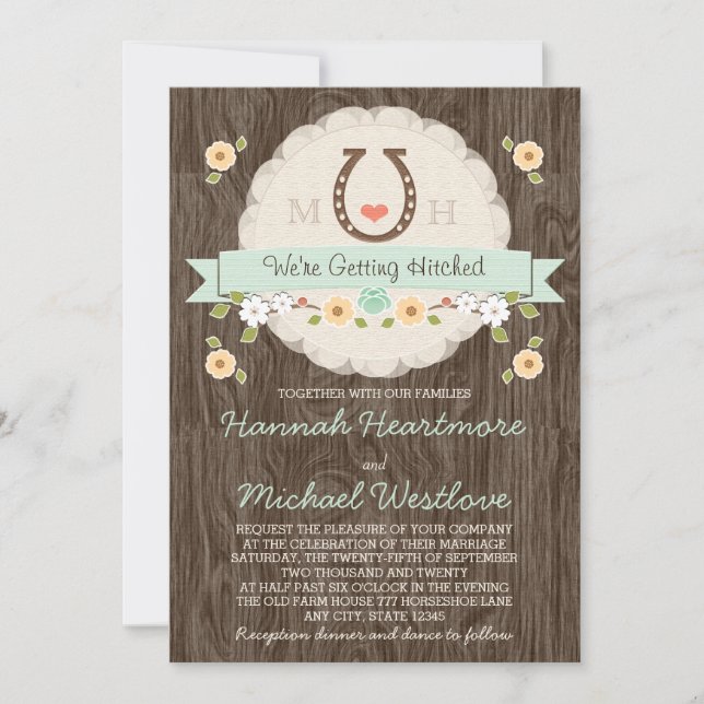 Mint Horseshoe Heart Western Wedding Invitation (Front)