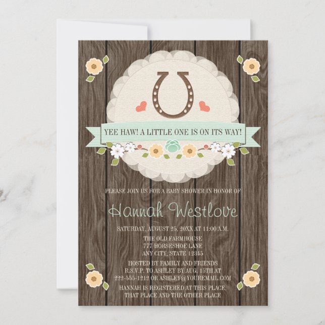 MINT HORSESHOE WESTERN GENDER NEUTRAL BABY SHOWER INVITATION (Front)