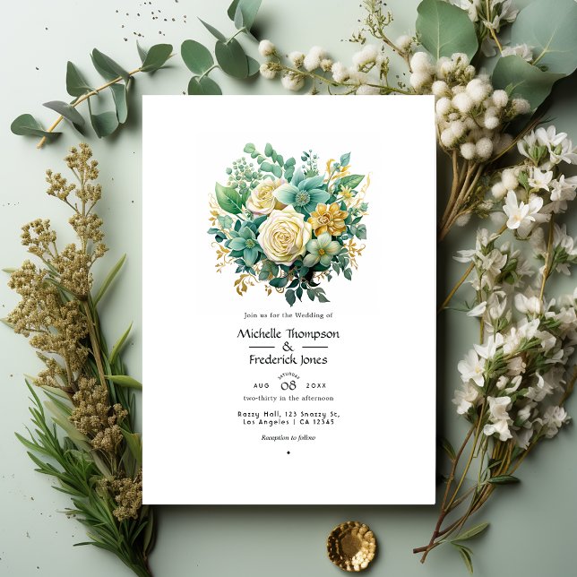 Mint, Hunter Green And Gold Floral Summer Wedding Invitation (Creator Uploaded)