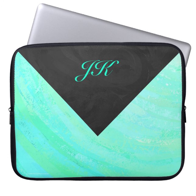 Mint Ice Blue and Black Monogram Laptop Sleeve (Front)