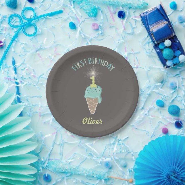 Mint Ice Cream Sparkler Boy 1st Birthday Party Paper Plate (Party)