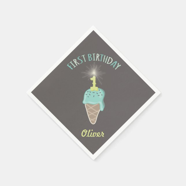 Mint Ice Cream Sparkler Boy's 1st Birthday Party Napkin (Corner)