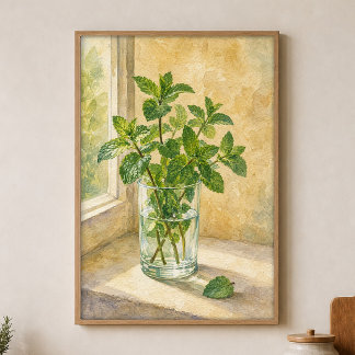 Mint in a Water Glass Watercolour Poster