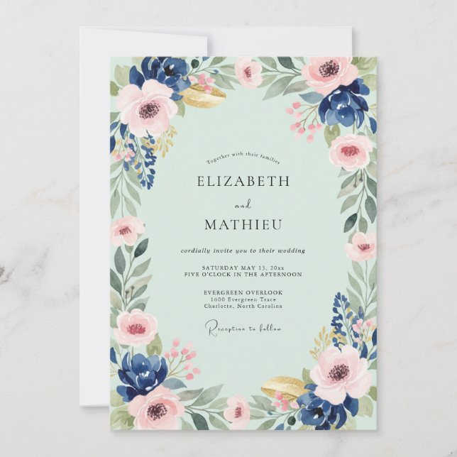 Mint Indigo Bloom Wedding Invitation (Front)