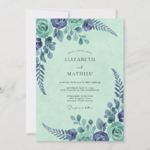Mint Indigo Botanical Watercolor Wedding Invitation