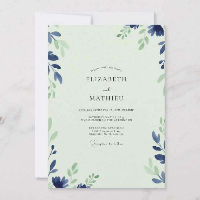 Mint Indigo Leafy Wedding Invitation (Front)