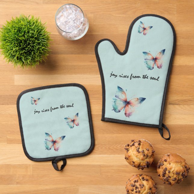 Mint Joy Rises from the Soul Butterfly  Oven Mitt & Pot Holder Set (Top Down)