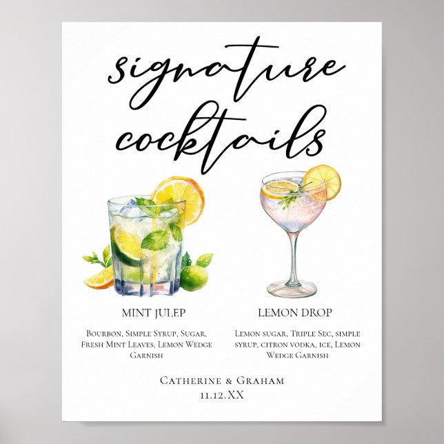 Mint Julep Lemon Drop Southern Cocktails Menu Poster (Front)