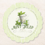 Mint Julep Recipe Derby Party Modern Watercolor Paper Coaster<br><div class="desc">Enhance the Derby Party experience for your guests with these elegant Mint Julep themed coasters. The design features a refreshing watercolor illustration of the official drink of the run for the roses, soft vertical striping, and the recipe printed as the border. All text can be personalized with your event details,...</div>