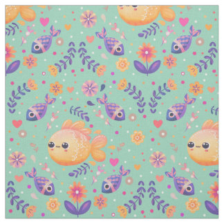 Mint Kawaii Goldfish Sea Garden Pattern Fabric