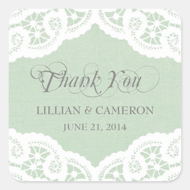 Mint Lace Doily Thank You Name Stickers (Front)