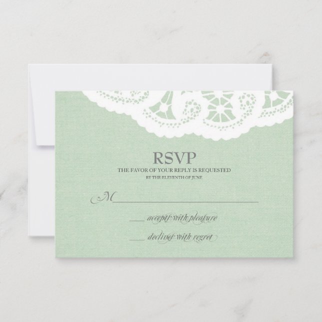 Mint Lace Doily Wedding RSVP (Front)