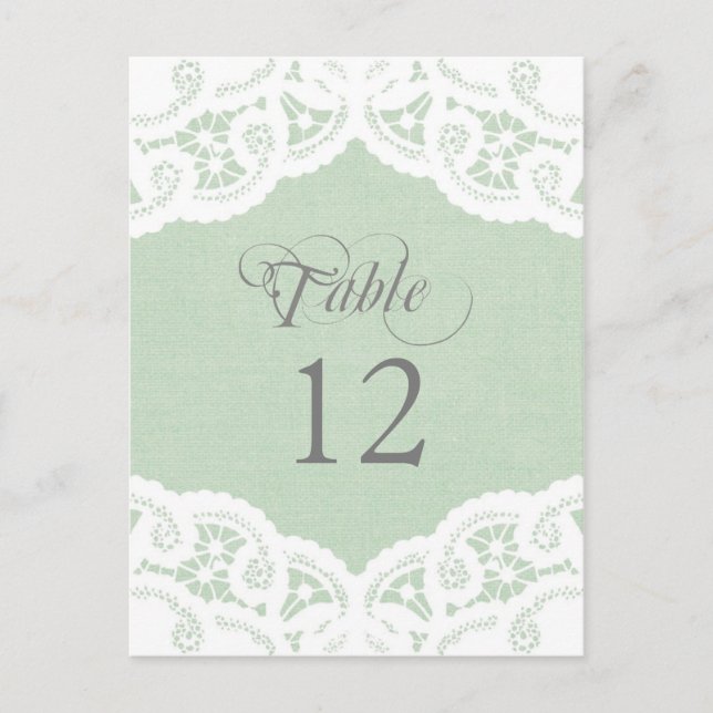 Mint Lace Doily Wedding Table Number Table Cards (Front)