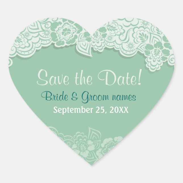 Mint Lace - Save the Date Heart Sticker (Front)