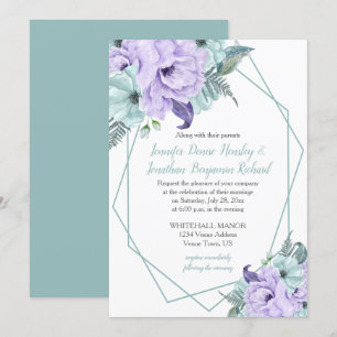 Mint Lavender Purple Geometric Watercolor Peonies Invitation