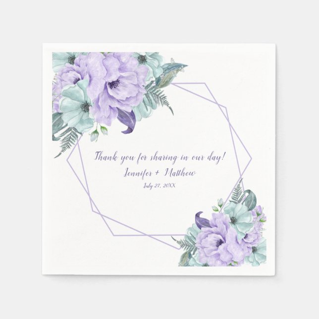 Mint Lavender Purple Watercolor Peonies Reception Napkin (Front)