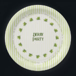 Mint Leaf Talk Derby To Me Modern Watercolor Party Paper Plate<br><div class="desc">Enhance the Derby Party experience for your guests with these elegant Mint Julep themed plates. The design features a ring pattern of refreshing watercolor mint leaf illustration, soft vertical striping, ring border of "TALK DERBY TO ME" text, and Derby Party text. All text can be personalized with your event details,...</div>