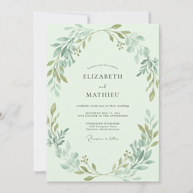 Mint Leafy Wreath Wedding Invitation (Front)