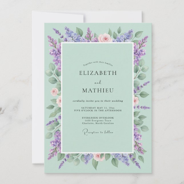 Mint Lilac Wisteria Wedding Invitation (Front)