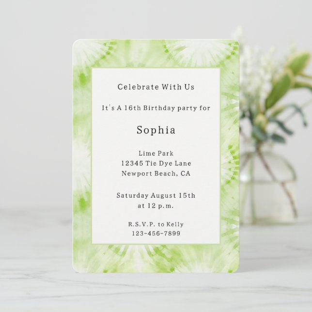Mint Lime Green Tie Dye Birthday Invitation (Standing Front)