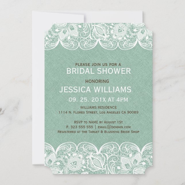 Mint Linen Print & White Lace Bridal Shower Invite (Front)
