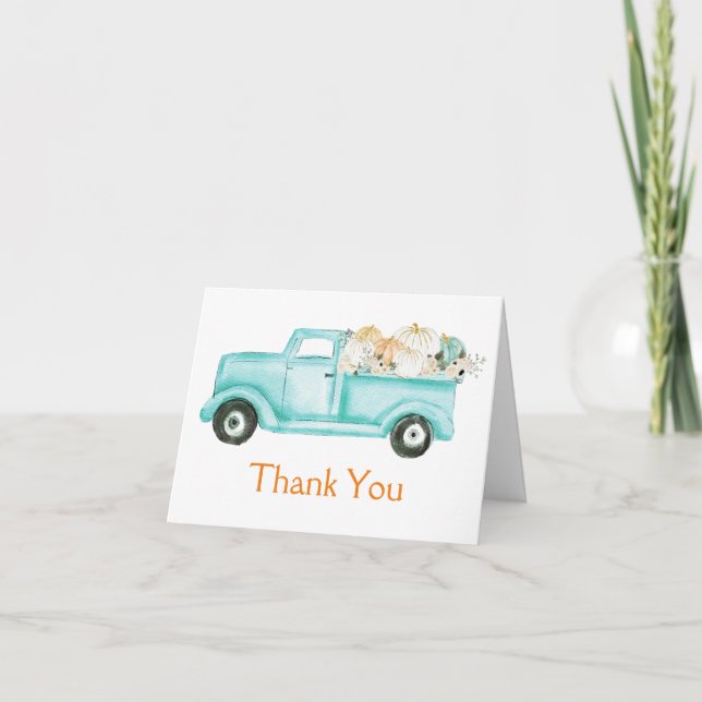 Mint Little Pumpkin Truck Baby Shower Photo Thank You Card (Front)