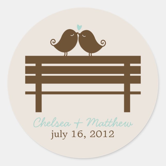 Mint Love Birds on Park Bench Wedding Classic Round Sticker (Front)