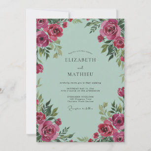 Mint Magenta Ranunculus Grey Eucalyptus Wedding Invitation