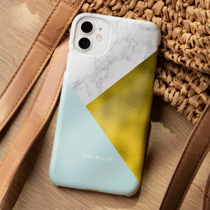 Mint Marble Pattern and Faux Gold Foil iPhone 15 Pro Max Case
