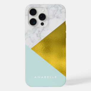Mint Marble Pattern and Faux Gold Foil iPhone 15 Pro Max Case