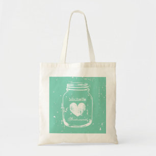 Mint mason jar wedding tote bag for bridesmaids