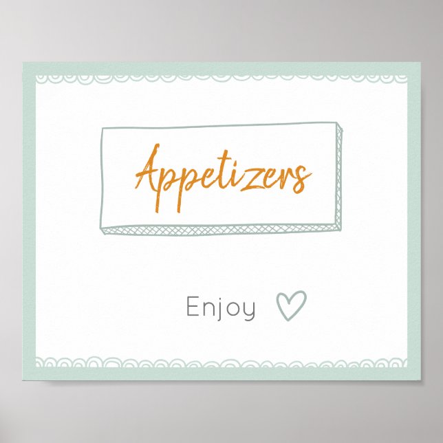 Mint Minimalist Doodle Appetizers Party Sign (Front)