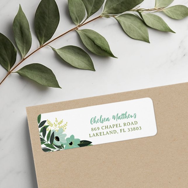 Mint Modern Floral Personalised Return Address (Creator Uploaded)
