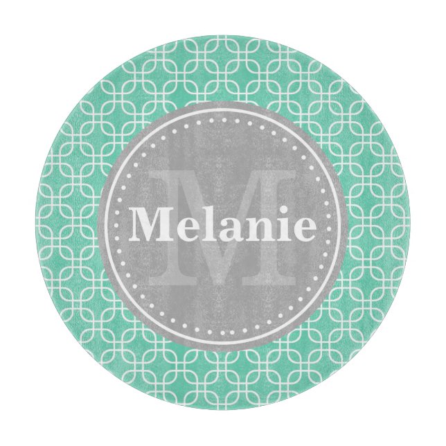 Mint Modern Squares Pattern Grey Monogram Cutting Board (Front)