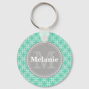 Mint Modern Squares Pattern Grey Monogram Key Ring