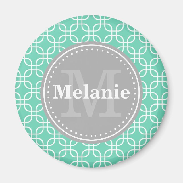 Mint Modern Squares Pattern Grey Monogram Magnet (Front)