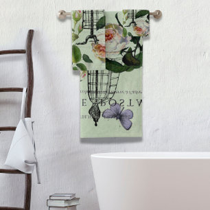mint modern vintage french rose butterfly paris bath towel set