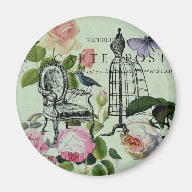 mint modern vintage french rose  butterfly paris magnet (Front)