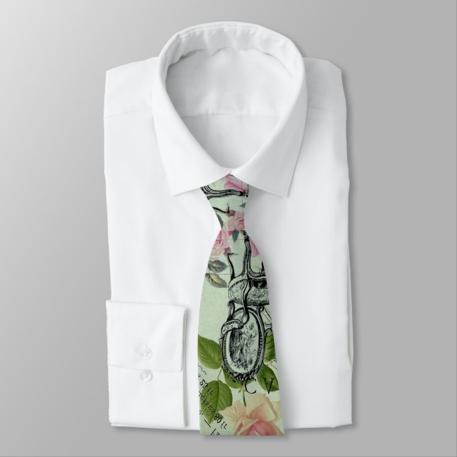 mint modern vintage french rose  butterfly paris tie (Tied)