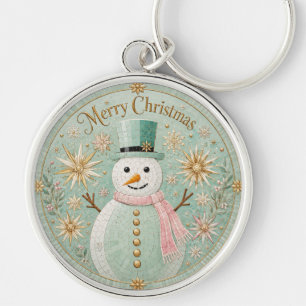 Mint Mosaic Snowman Christmas Cheer Key Ring