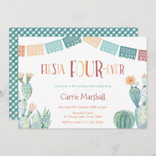 Mint Mustard Fiesta Four-ever 4th Birthday Party Invitation