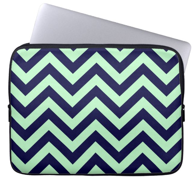 Mint, Navy Blue Large Chevron ZigZag Pattern Laptop Sleeve (Front)