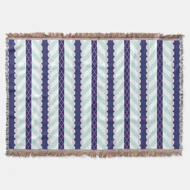 Mint, Navy Blue, White Geometric Striped Pattern Throw Blanket (Front)