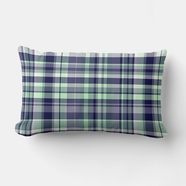 Mint, Navy Blue, White Preppy Madras Plaid Lumbar Cushion (Front)