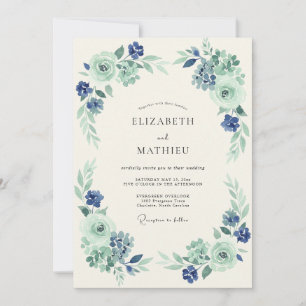 Mint Navy Graceful Botanical Wedding Invitation