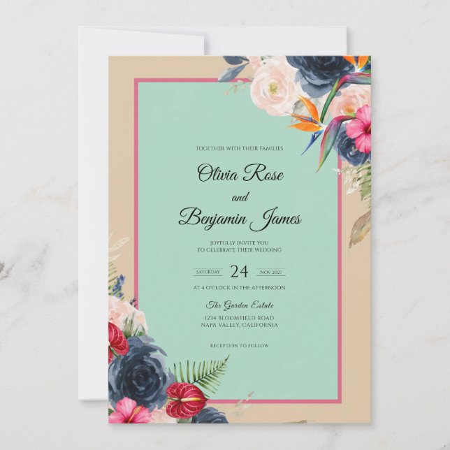 Mint Navy Wildflower Wedding Invitation (Front)