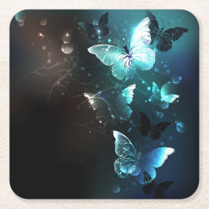 Mint Night Butterflies Square Paper Coaster